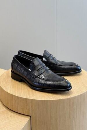 Berluti Black Crocodile Embossed Leather Penny Loafers