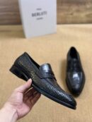 Berluti Black Crocodile Embossed Leather Penny Loafers