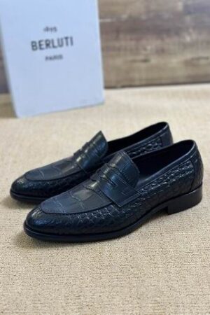 Berluti Black Crocodile Embossed Leather Penny Loafers