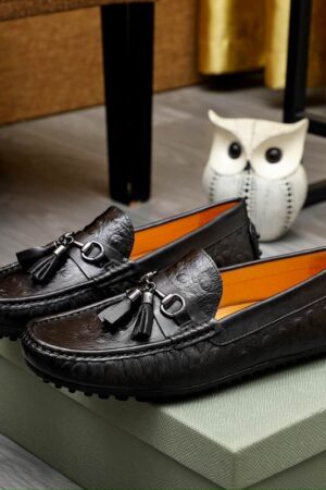 Berluti Cognac Ostrich-Effect Leather Driving Loafers with Tassels