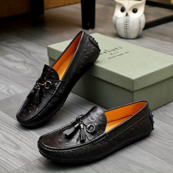 Berluti Cognac Ostrich-Effect Leather Driving Loafers with Tassels - Image 5