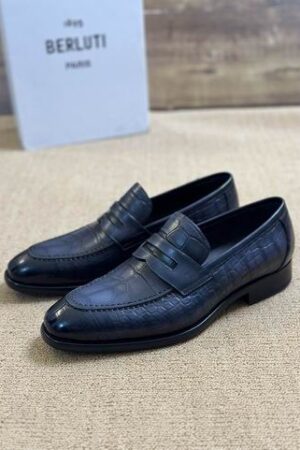 Berluti Crocodile Embossed Leather Penny Loafers