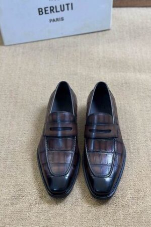 Berluti Crocodile Embossed Leather Penny Loafers
