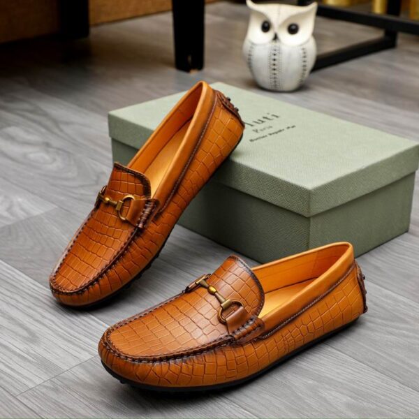 Berluti Men's Cognac Crocodile Embossed Leather Driving Loafers - Image 5