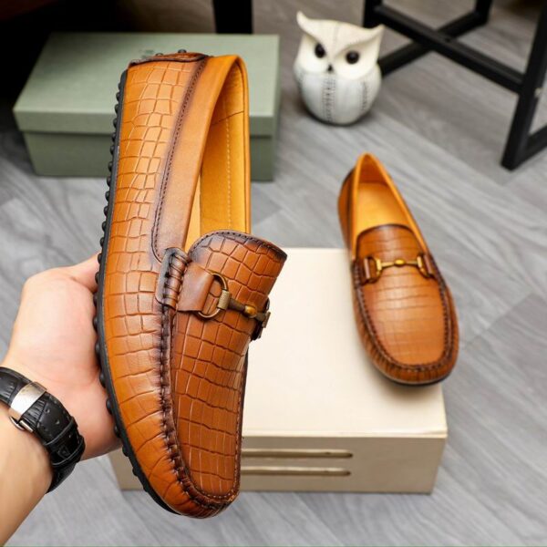 Berluti Men's Cognac Crocodile Embossed Leather Driving Loafers - Image 4