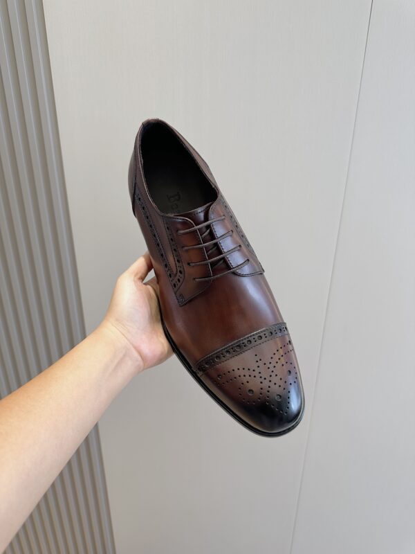 Berluti Polished Leather Derby Brogue Shoes with Cap Toe - Image 3
