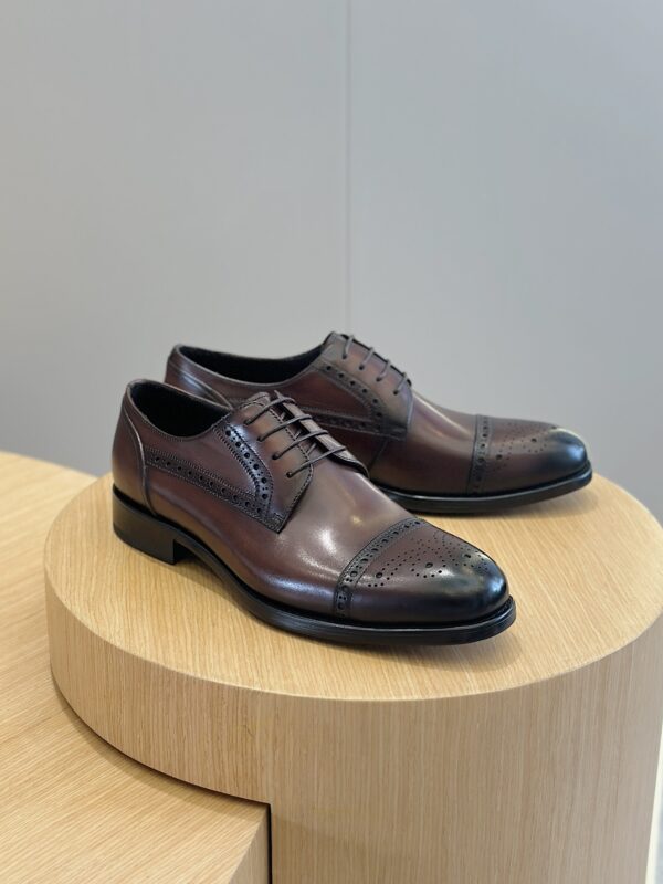Berluti Polished Leather Derby Brogue Shoes with Cap Toe - Image 2