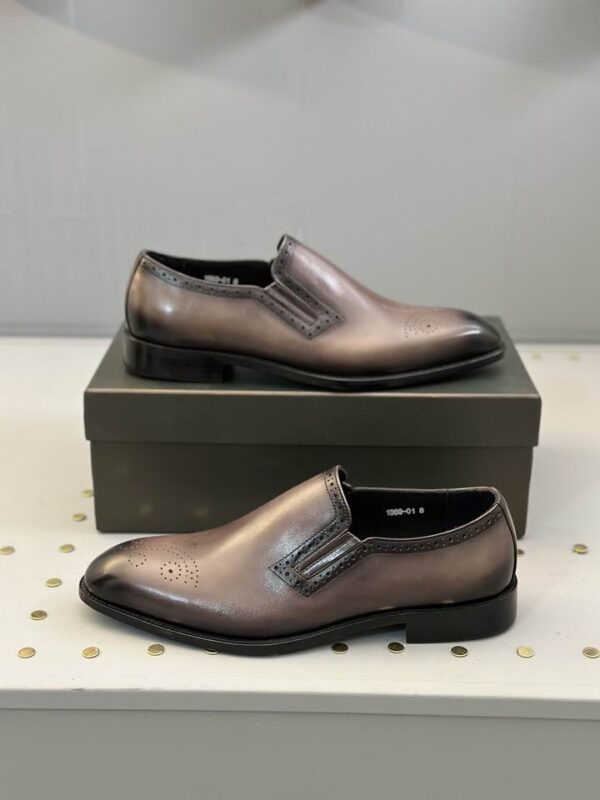 Berluti Polished Leather Slip-On Dress Shoes with Brogue Detail - Image 4