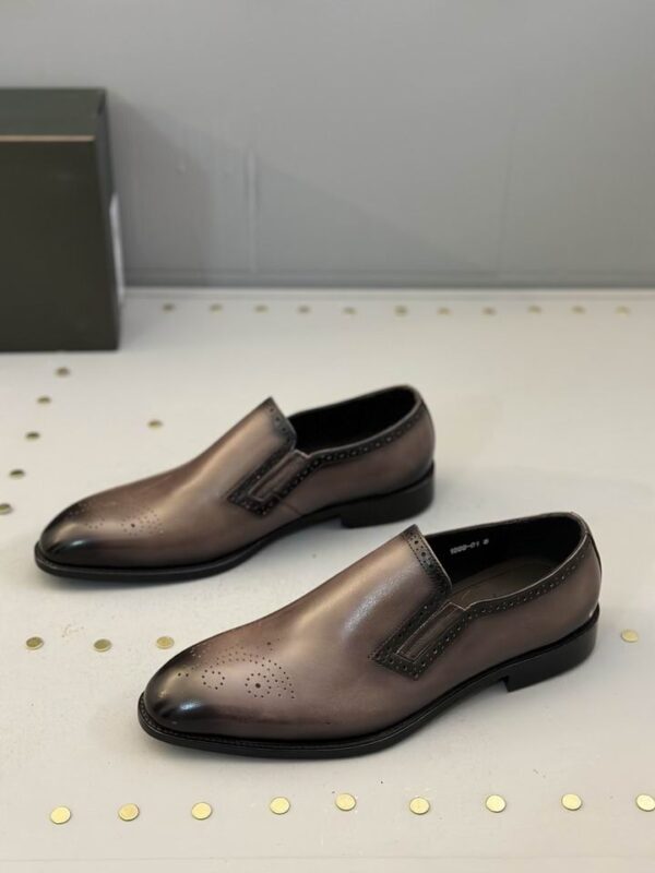 Berluti Polished Leather Slip-On Dress Shoes with Brogue Detail - Image 3
