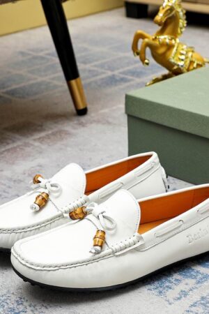 Berluti White Leather Driving Loafers with Bamboo Tassels