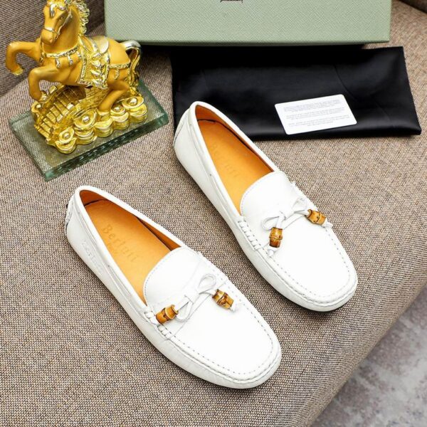 Berluti White Leather Driving Loafers with Bamboo Tassels - Image 3