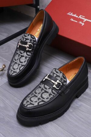 Black Leather Loafers with Patterned Gancini Fabric & Silver Bit