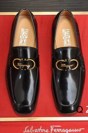 Black Patent Leather Loafers with Gancini Buckle
