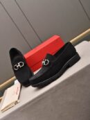 Black Suede Loafers with Silver Gancini Buckle