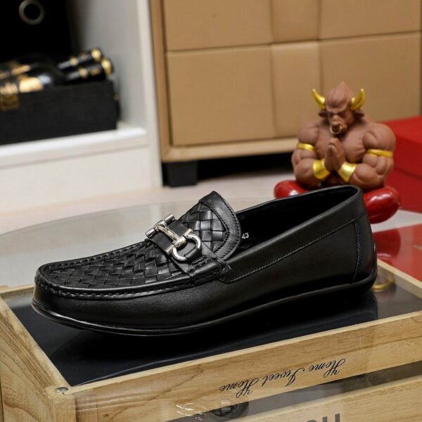 Black Woven Leather Loafers with Silver Gancini Buckle - Image 4
