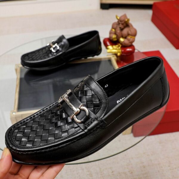 Black Woven Leather Loafers with Silver Gancini Buckle - Image 5