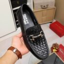 Black Woven Leather Loafers with Silver Gancini Buckle