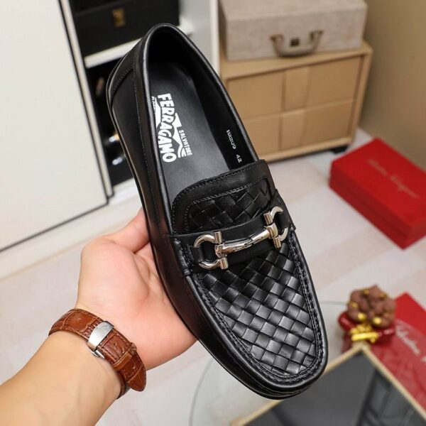 Black Woven Leather Loafers with Silver Gancini Buckle - Image 6