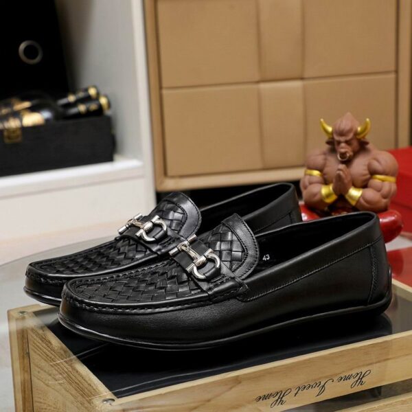 Black Woven Leather Loafers with Silver Gancini Buckle - Image 2