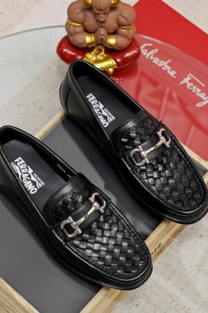 Black Woven Leather Loafers with Silver Gancini Buckle