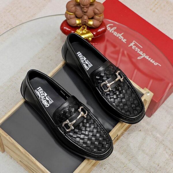 Black Woven Leather Loafers with Silver Gancini Buckle