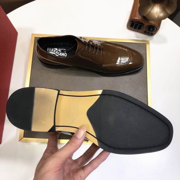 Brown Patent Leather Lace-Up Dress Shoes with Gold Logo - Image 5
