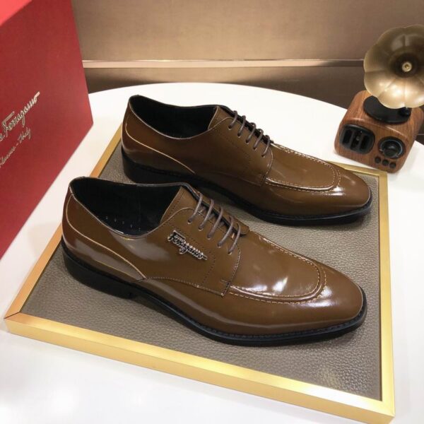 Brown Patent Leather Lace-Up Dress Shoes with Gold Logo - Image 4
