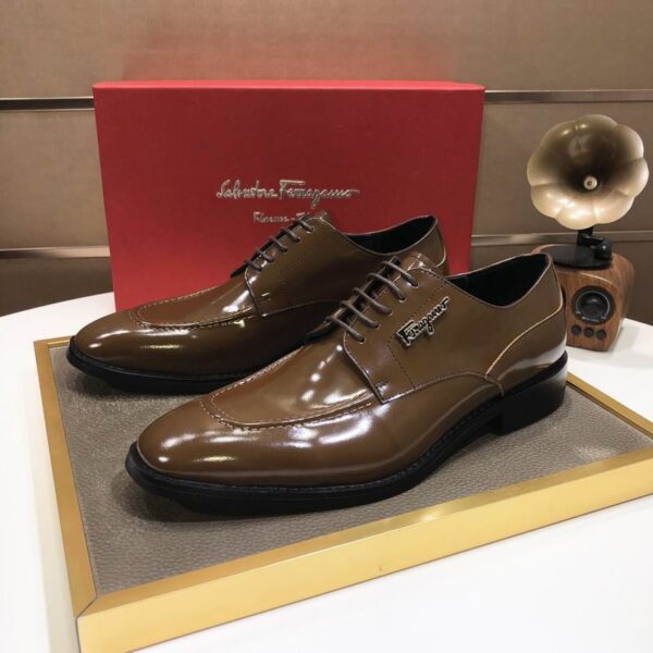 Brown Patent Leather Lace-Up Dress Shoes with Gold Logo - Image 3