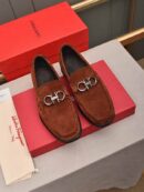 Brown Suede Loafers with Silver Gancini Buckle