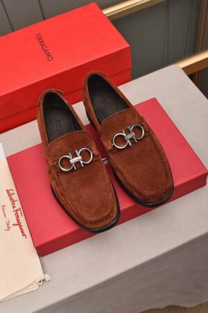 Brown Suede Loafers with Silver Gancini Buckle