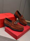 Brown Suede Loafers with Silver Gancini Buckle