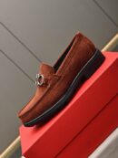 Brown Suede Loafers with Silver Gancini Buckle