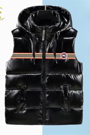 Burberry Glossy Hooded Puffer Vest with Stripe Detail