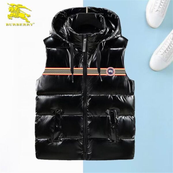 Burberry Glossy Hooded Puffer Vest with Stripe Detail