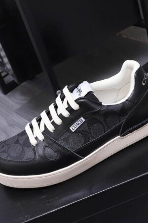 Coach Black Leather Low-Top Sneakers with Monogram Detail