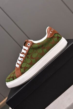 Coach Low-Top Monogram Sneakers with Brown Leather Accents