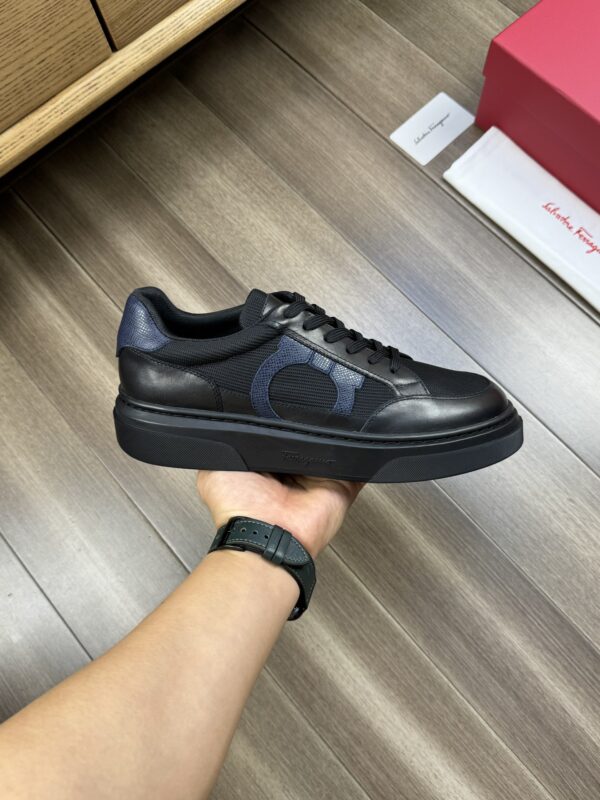 Ferragamo Men's Black Leather Mesh Gancini Low-Top Sneakers - Image 4