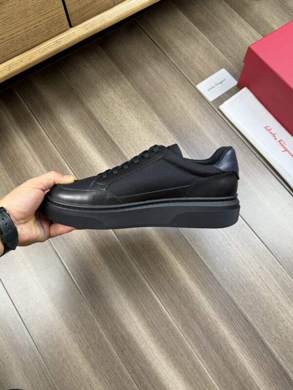 Ferragamo Men's Black Leather Mesh Gancini Low-Top Sneakers - Image 5