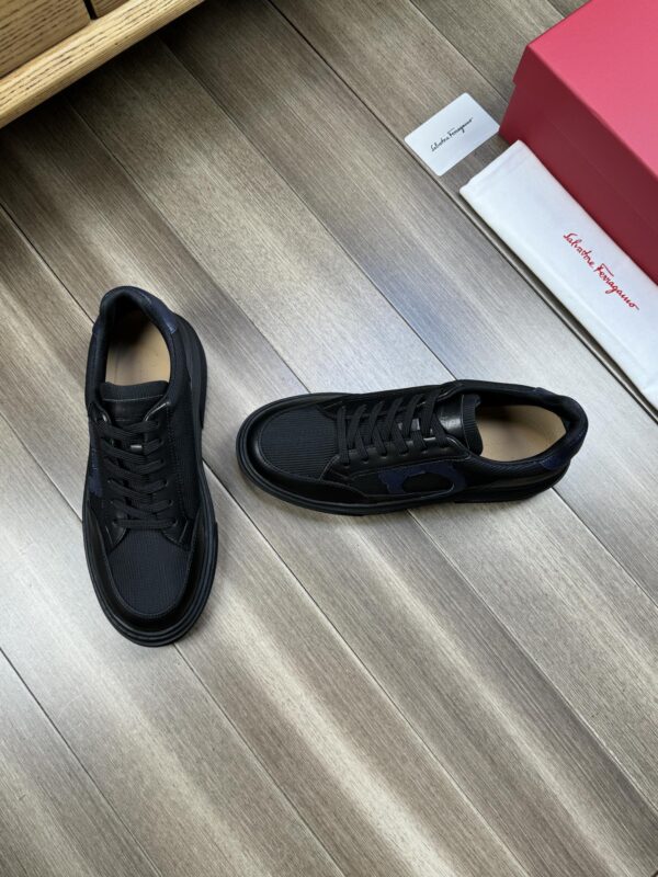 Ferragamo Men's Black Leather Mesh Gancini Low-Top Sneakers - Image 6
