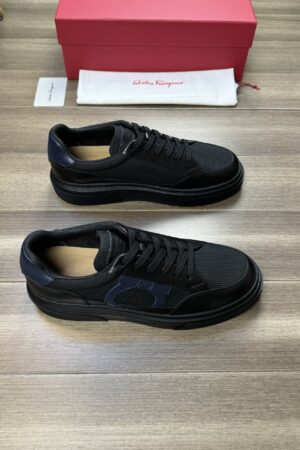 Ferragamo Men's Black Leather Mesh Gancini Low-Top Sneakers