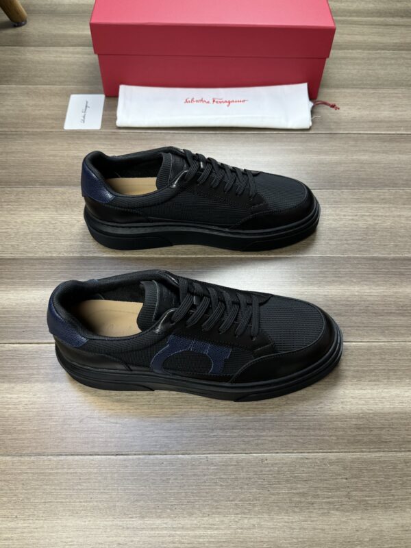 Ferragamo Men's Black Leather Mesh Gancini Low-Top Sneakers