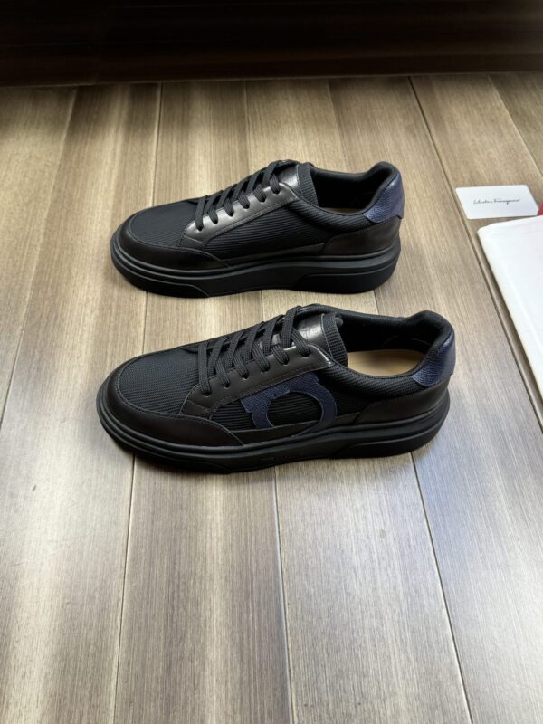 Ferragamo Men's Black Leather Mesh Gancini Low-Top Sneakers - Image 2