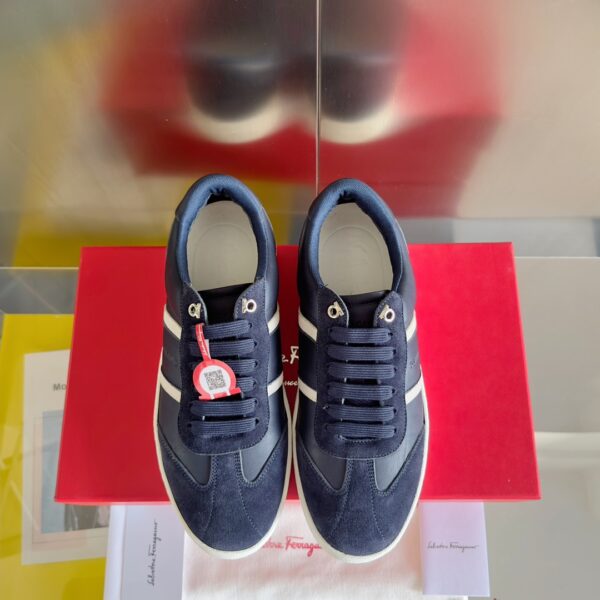 Ferragamo Men's Blue Striped Suede & Leather Low-Top Sneakers - Image 2
