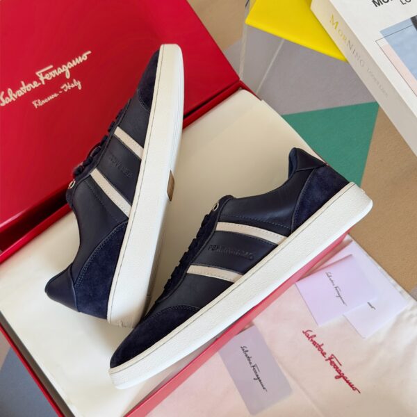Ferragamo Men's Blue Striped Suede & Leather Low-Top Sneakers - Image 4
