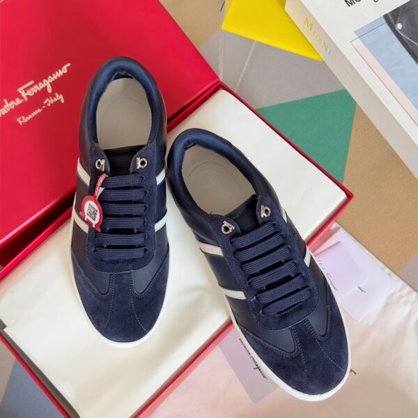Ferragamo Men's Blue Striped Suede & Leather Low-Top Sneakers