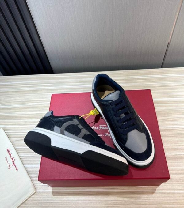 Ferragamo Men's Navy Grey Gancini Mixed-Material Sneakers - Image 4