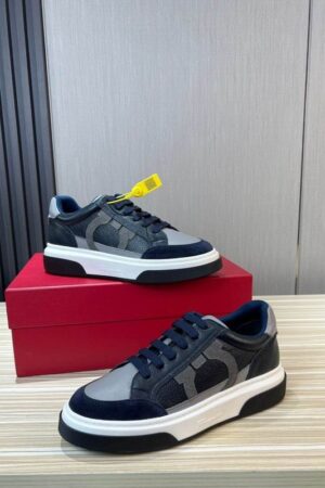 Ferragamo Men's Navy Grey Gancini Mixed-Material Sneakers