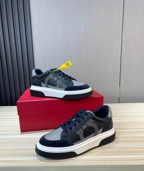 Ferragamo Men's Navy Grey Gancini Mixed-Material Sneakers