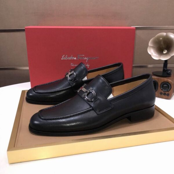Black Matte Leather Loafers with Silver Gancini Bit Buckle. - Image 5