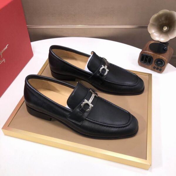 Black Matte Leather Loafers with Silver Gancini Bit Buckle. - Image 4